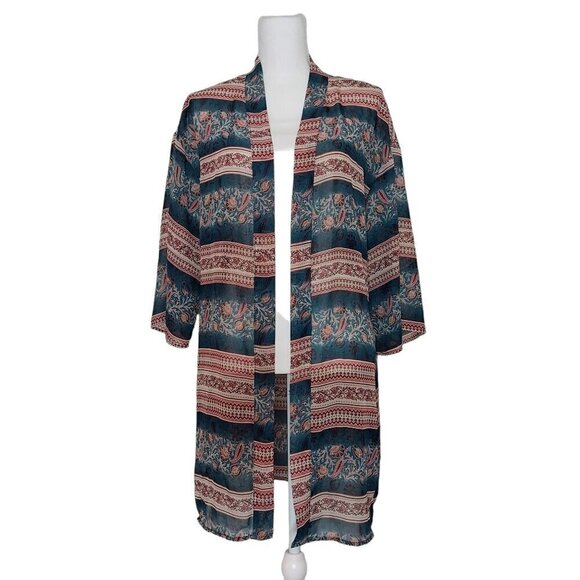Wallflower Tops - Wallflower Blue Floral Sheer Open Front Kimono Arm Holes Size Large